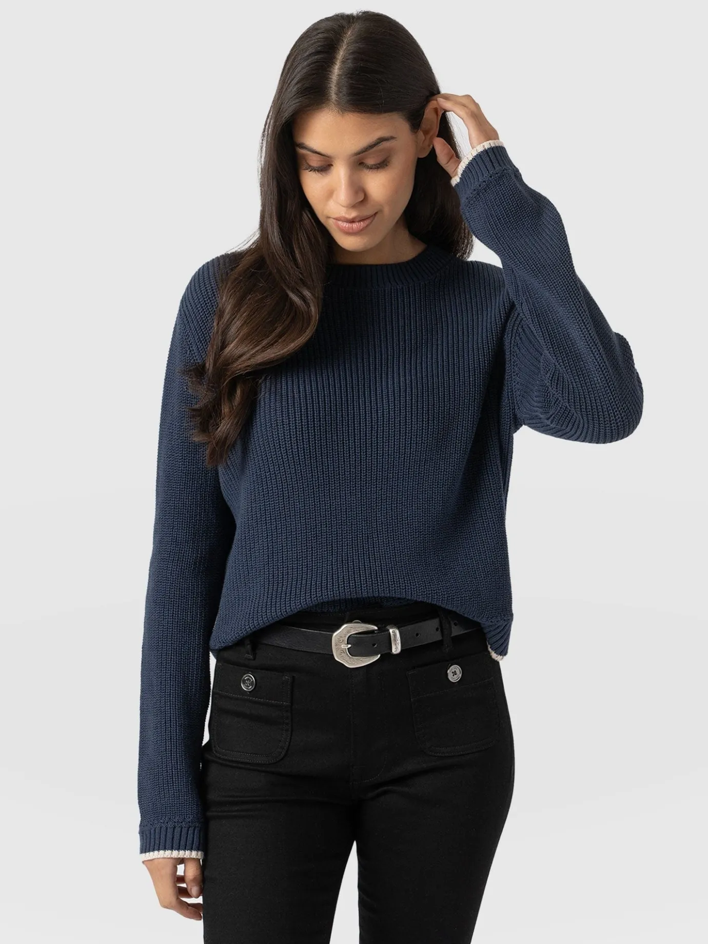 Knitwear|Sweaters|Saint and Sofia Remy Crop Sweater - Navy