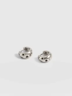 Silver Jewelry|Jewelry|Saint and Sofia Scatter Star Huggie Earrings - Silver/Black