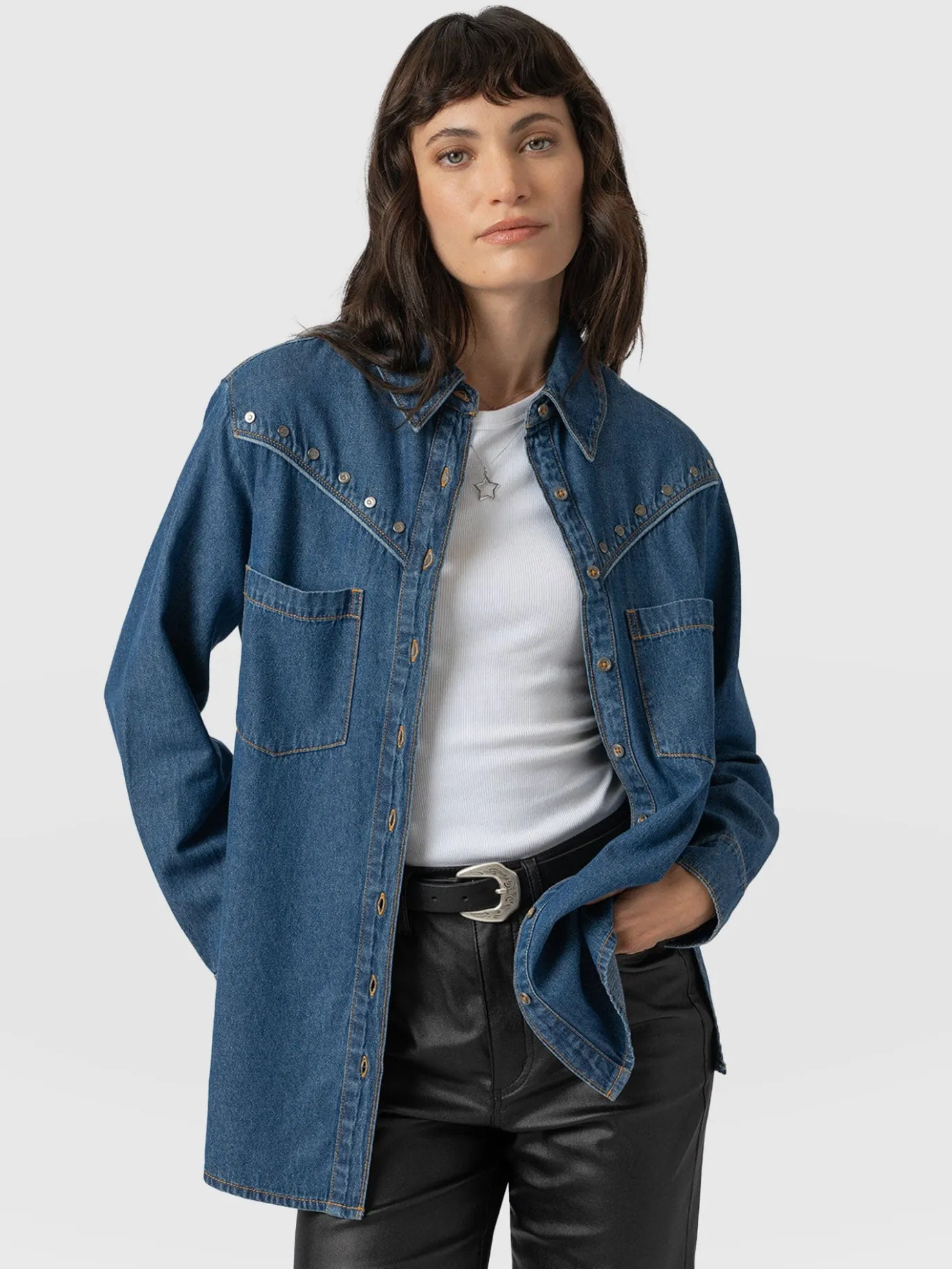 Blouses & Shirts|Denim & Jeans|Saint and Sofia Sidney Denim Shirt - Mid Blue
