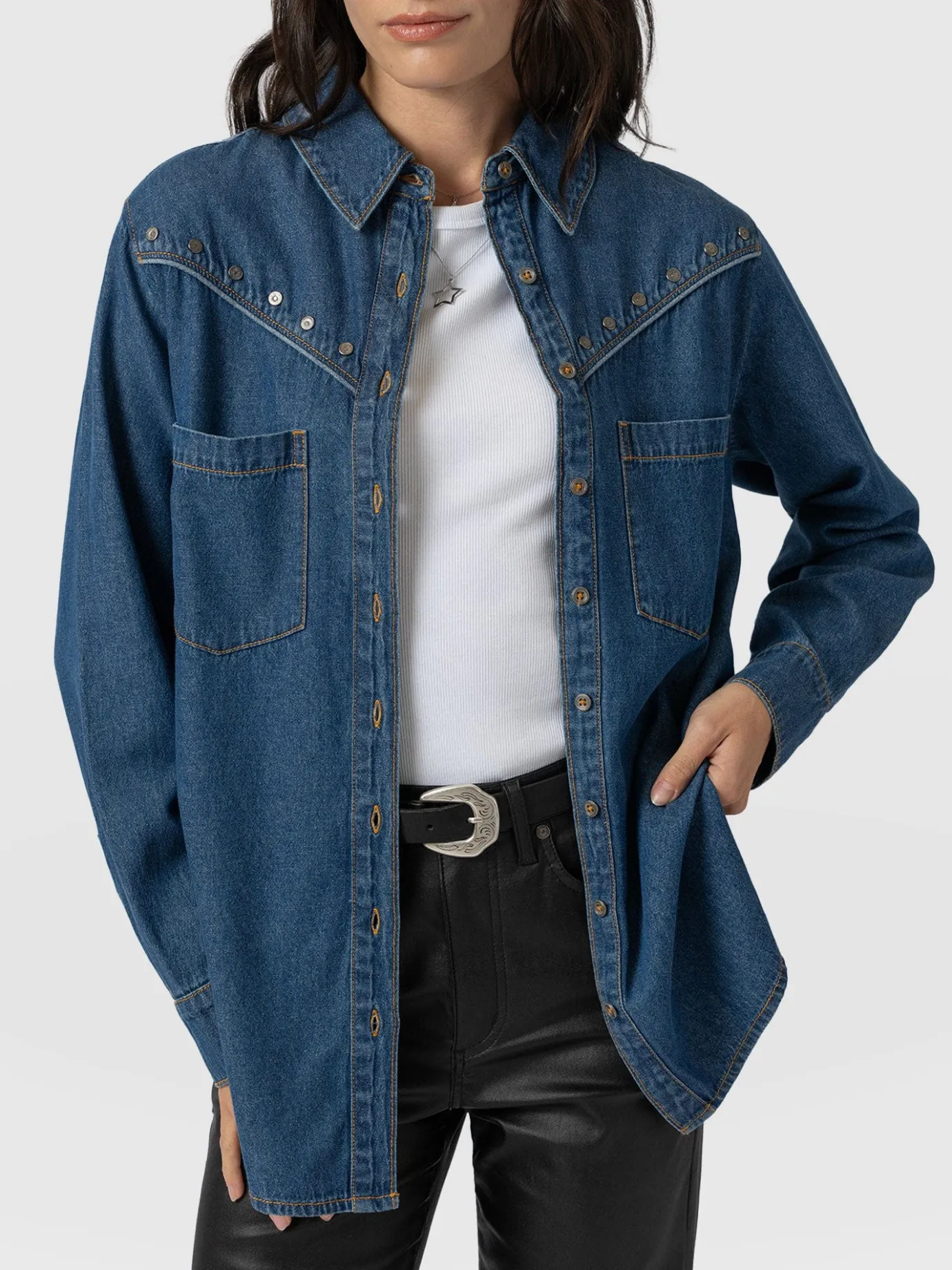 Blouses & Shirts|Denim & Jeans|Saint and Sofia Sidney Denim Shirt - Mid Blue