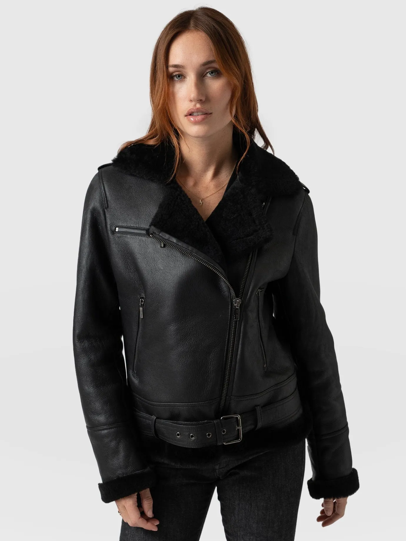 Leather|Coats & Jackets|Saint and Sofia Spitfire Shearling Jacket - Black