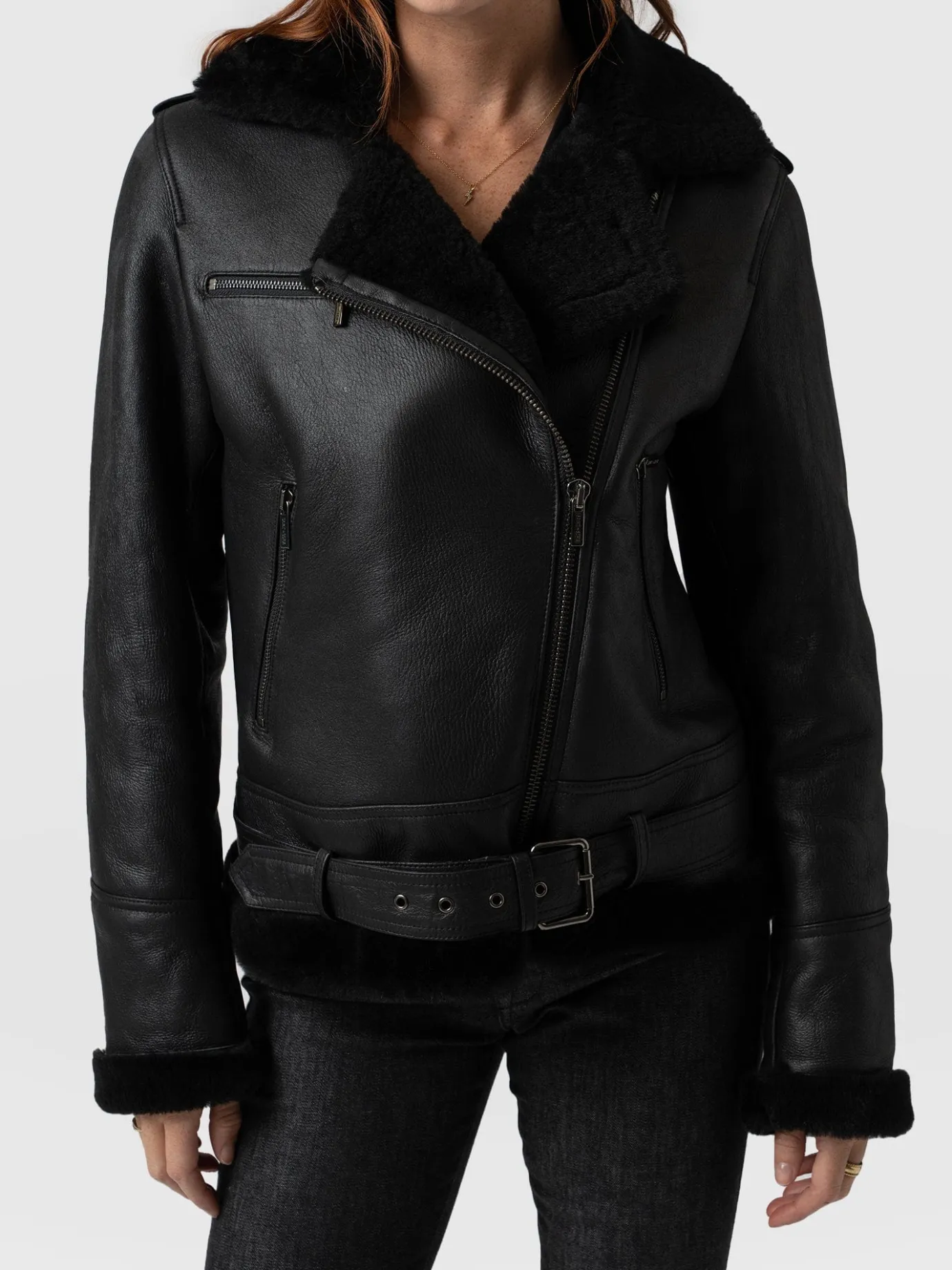 Leather|Coats & Jackets|Saint and Sofia Spitfire Shearling Jacket - Black