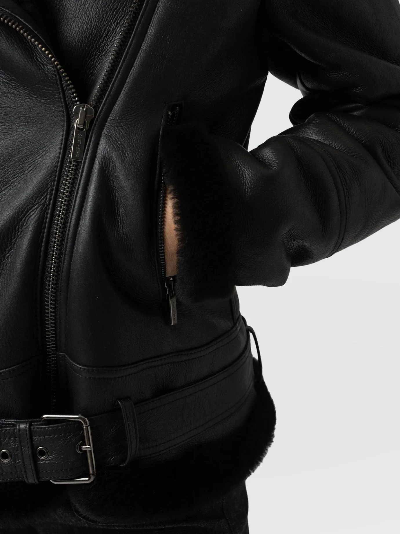 Leather|Coats & Jackets|Saint and Sofia Spitfire Shearling Jacket - Black
