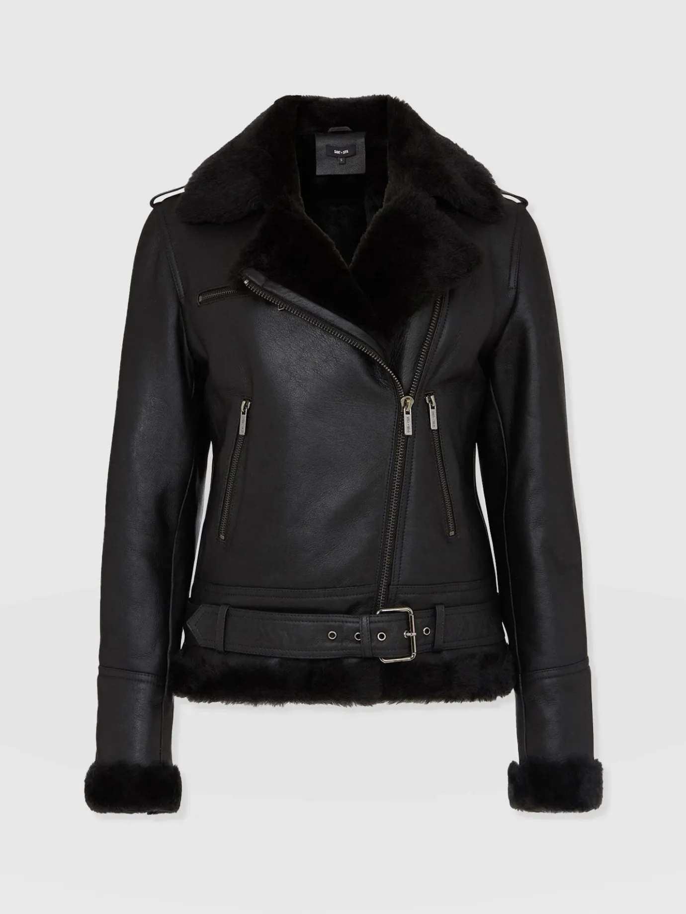 Leather|Coats & Jackets|Saint and Sofia Spitfire Shearling Jacket - Black