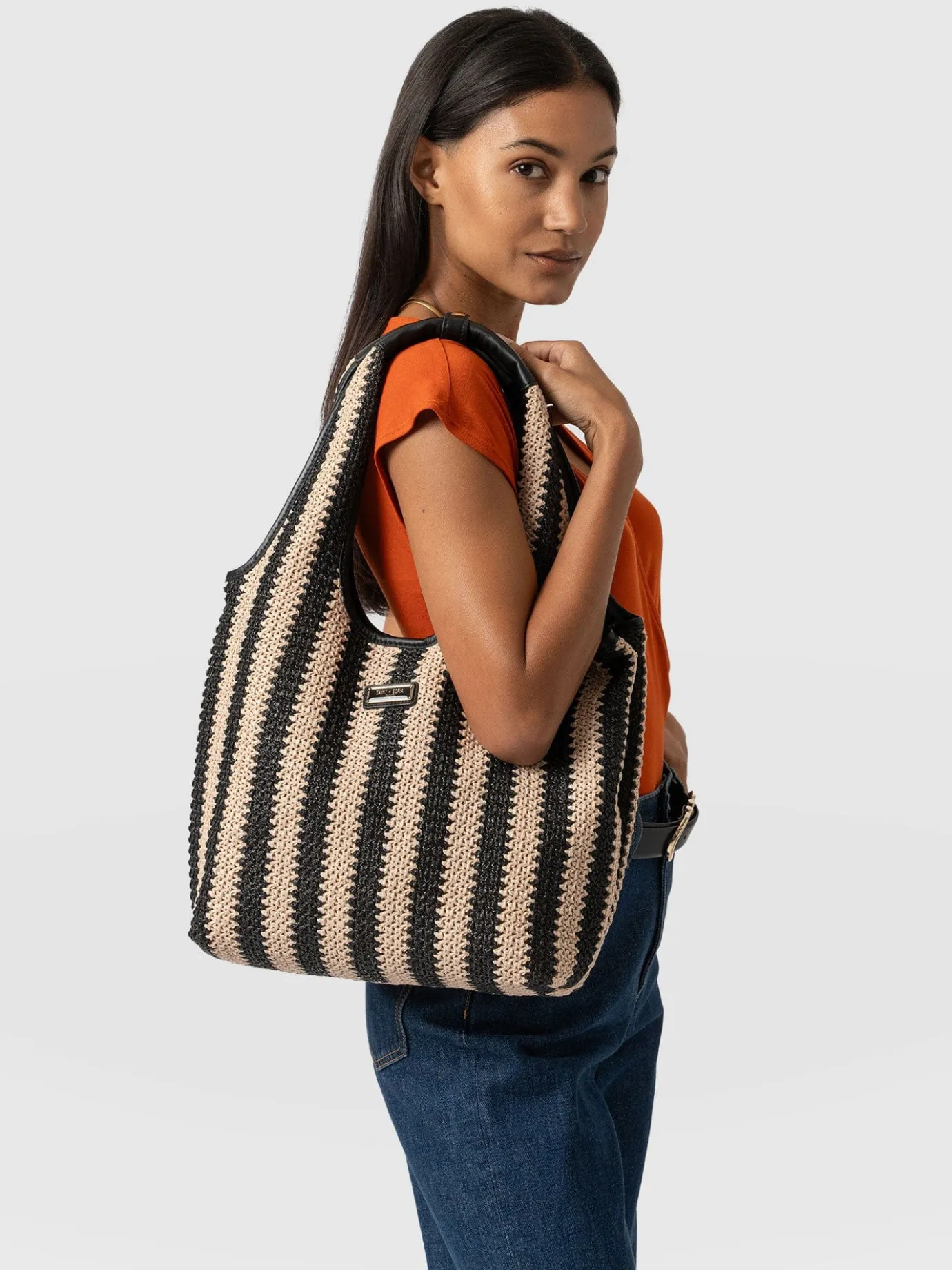 Shoulder Bags|Saint and Sofia Stella Shoulder Tote Bag - Beige/Black Raffia