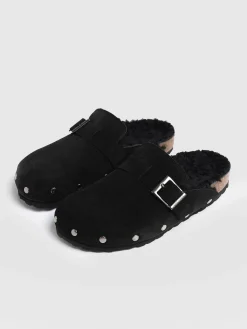 Clogs & Slides|Shoes|Saint and Sofia Studded Clogs - Black Shearling