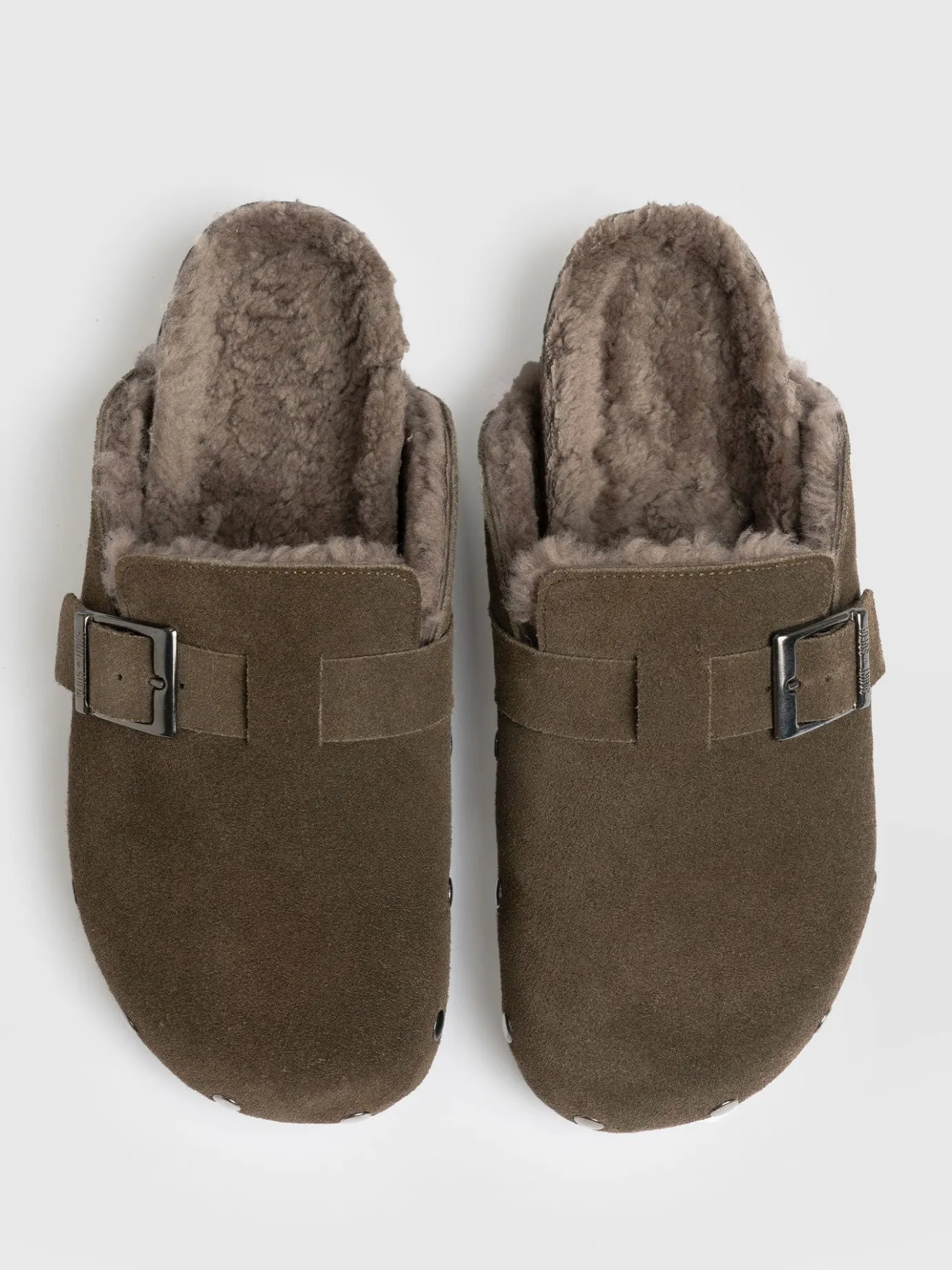 Clogs & Slides|Shoes|Saint and Sofia Studded Clogs - Khaki Shearling