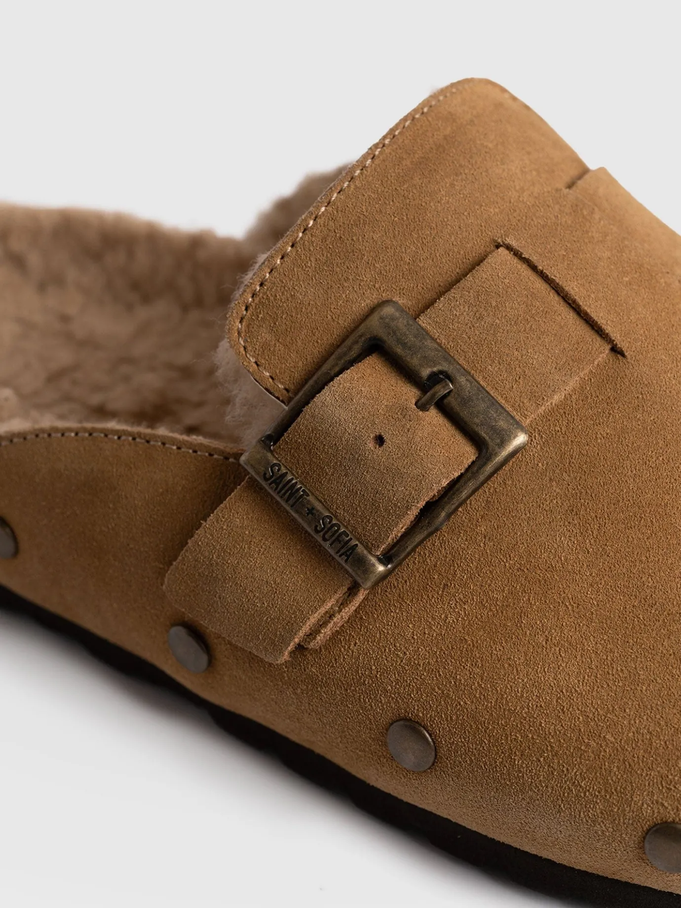 Clogs & Slides|Shoes|Saint and Sofia Studded Clogs - Tan Shearling
