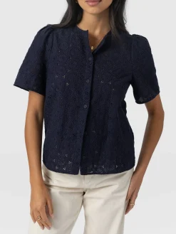 Blouses & Shirts|T-shirts & Tanks|Saint and Sofia Tabitha Short Sleeve Blouse - Navy