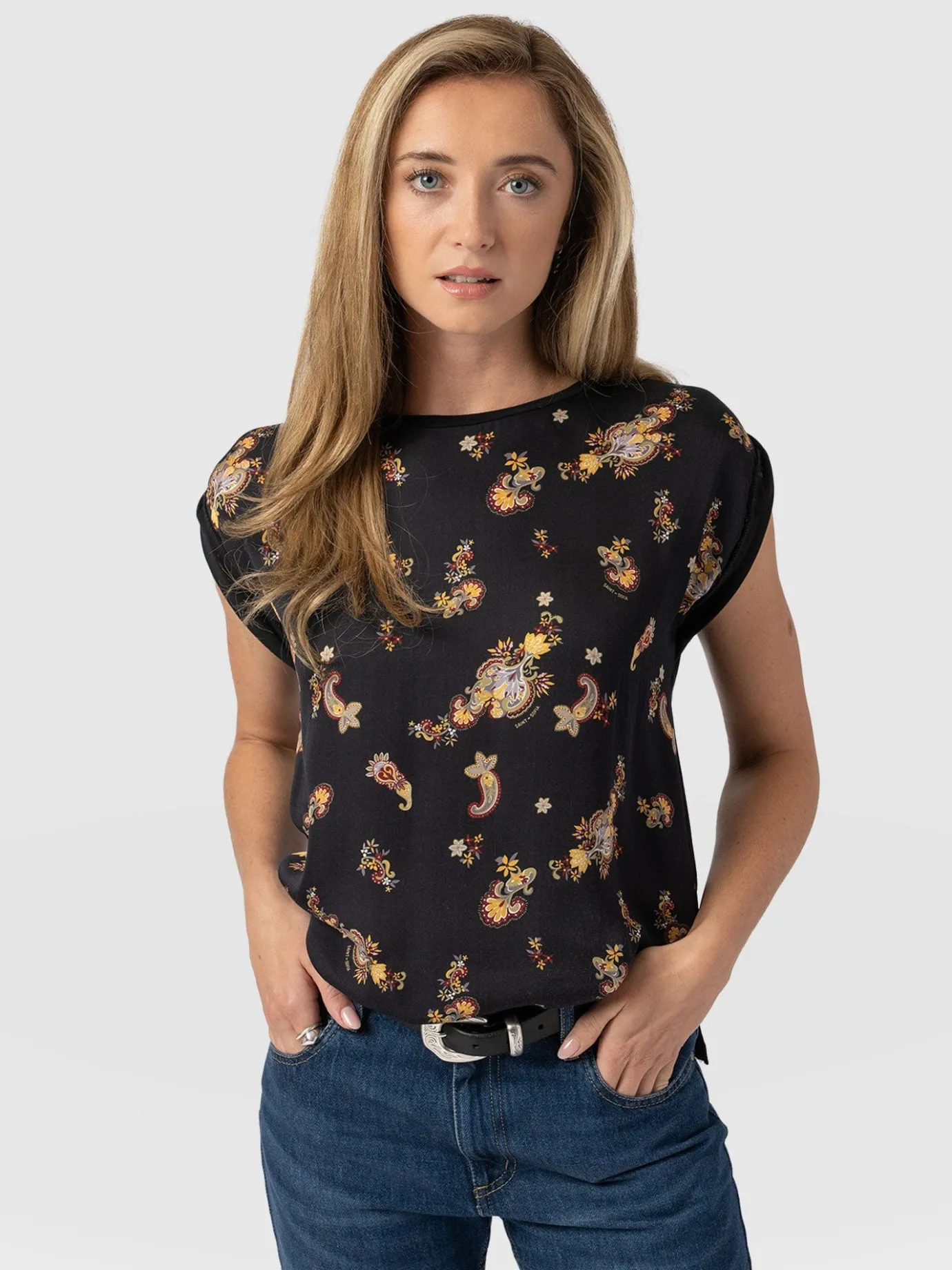 T-shirts & Tanks|Saint and Sofia Turn Up Contrast Tee - Black Paisley