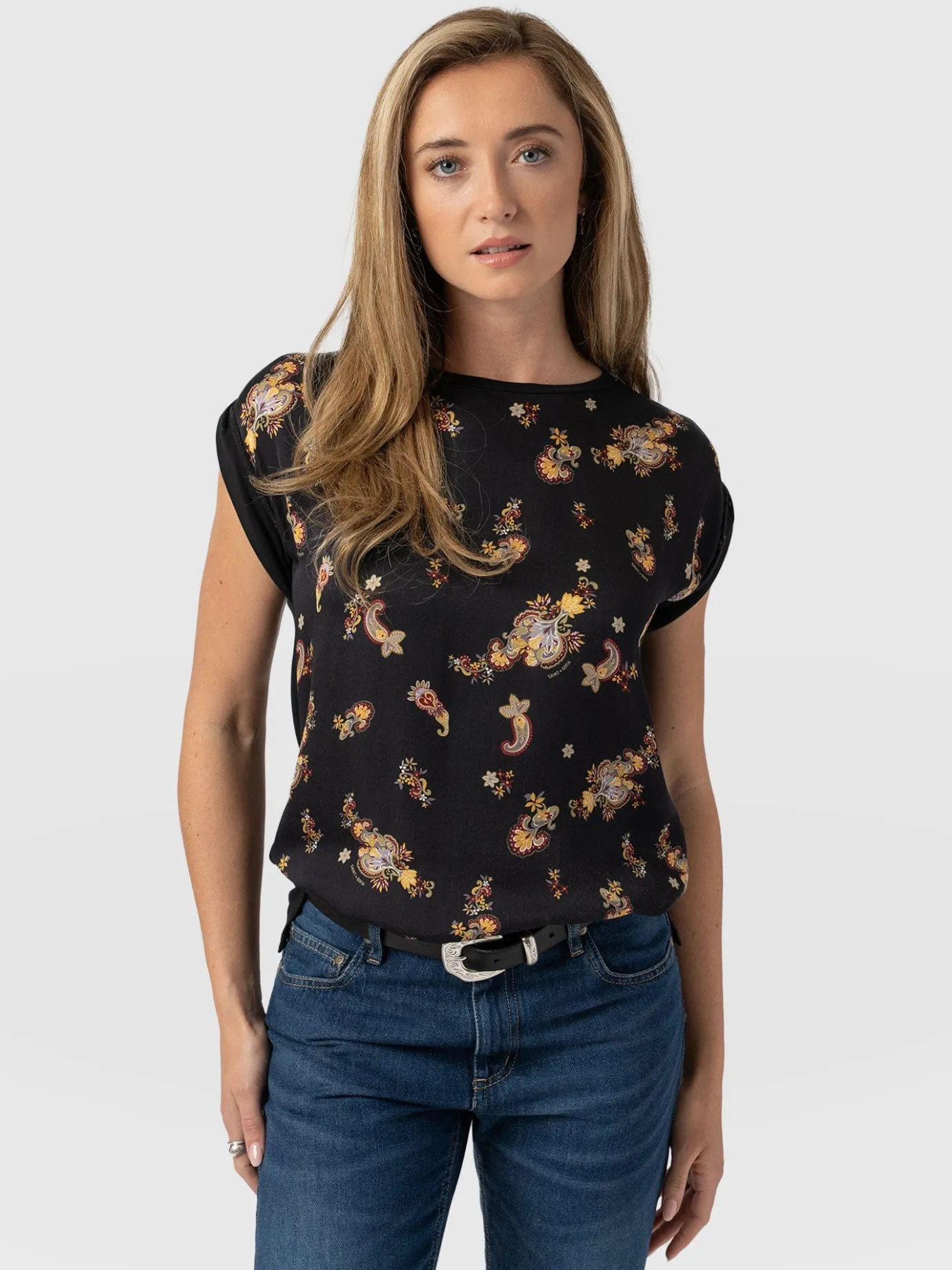 T-shirts & Tanks|Saint and Sofia Turn Up Contrast Tee - Black Paisley