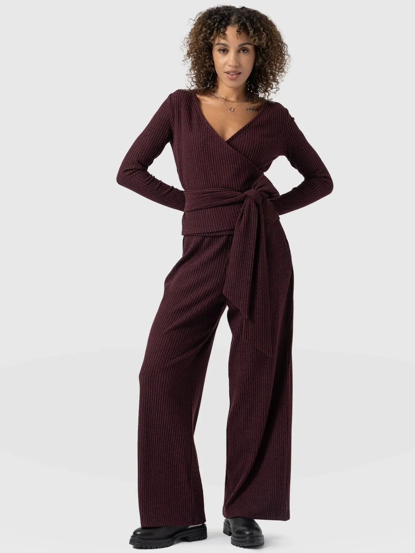 Pants|Saint and Sofia Victory Rib Wide Leg Pant - Burgundy