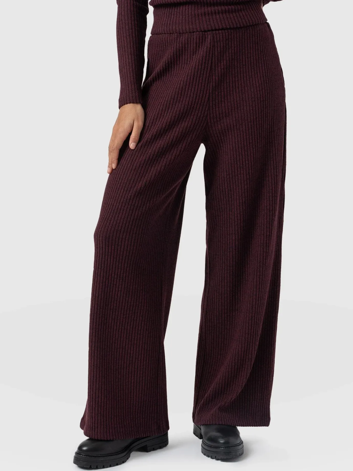 Pants|Saint and Sofia Victory Rib Wide Leg Pant - Burgundy