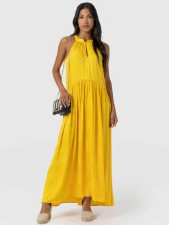 Dresses|Saint and Sofia Zoey Halter Neck Dress - Yellow Jacquard